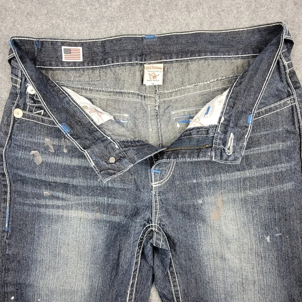 True Religion Ricky Jeans Mens 38x24 Blue Paint Splatter Contrast Stitch USA